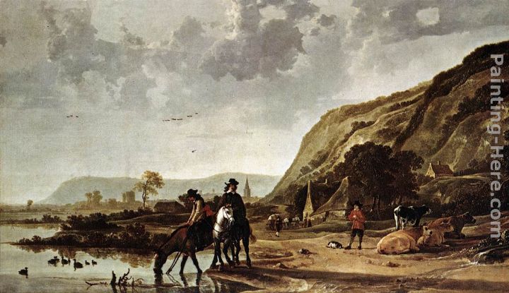 Large River Landscape with Horsemen painting - Aelbert Cuyp Large River Landscape with Horsemen art painting